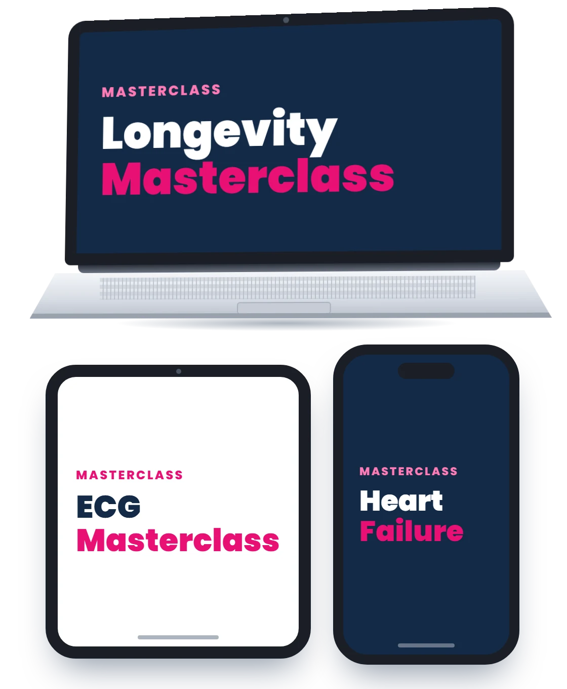 Laptop, tablet and phone showing Dr. Alo's Longevity Masterclass, ECG Masterclass and Heart Failure courses
